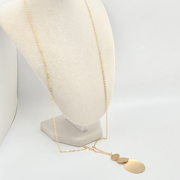 18K Gold Plated Brushed Disc Drop Necklace – Long 32” Chain - Picture 10 of 10